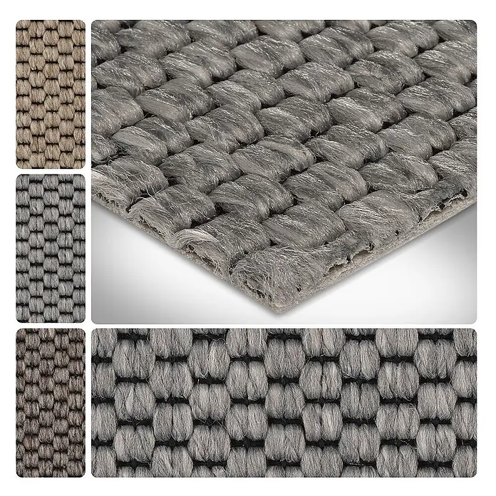 Bricoflor Teppichboden Meterware 2x4m, Schlinge Sisal-Optik Flachgewebe, hell-grau - Flachgewebe, 89 % Polypropylen (PP) / 5 % Polyester (PET) / 6 % Wolle, hell-grau - Strukturierter grauer Webteppich mit markantem Wabenmuster. Farbmuster zeigen Beige und Dunkelgrau.