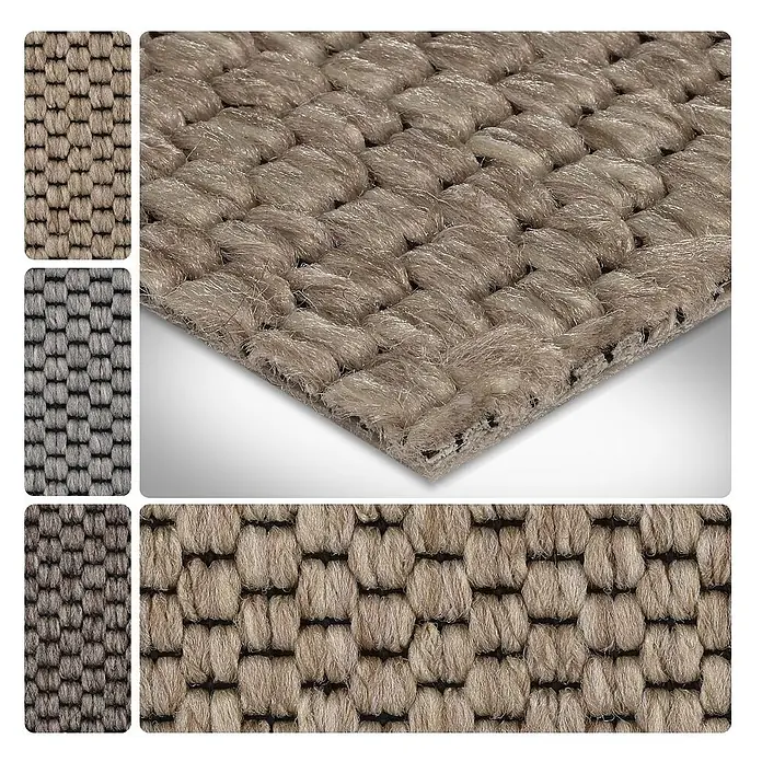 Bricoflor Teppichboden Meterware 2x4m, Schlinge Sisal-Optik Flachgewebe, beige hell-braun - Flachgewebe, 89 % Polypropylen (PP) / 5 % Polyester (PET) / 6 % Wolle, beige hell-braun - Nahaufnahme von gewebten Teppichmustern mit strukturierter Korbflechtoptik in Beige und anderen neutralen Tönen.