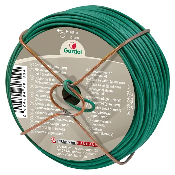 Gardol Gartendraht - Grün, Gummiert, 40 m, 2 mm - Grüner, gummiummantelter Gartendraht auf Spule, fixiert mit Metallbügel.