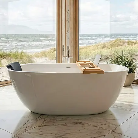 Bad Land  Freistehende Badewanne TOVE freist. Badewanne 170x80 cm Weiß, Ablauf + Bambusablage + Kopfst.