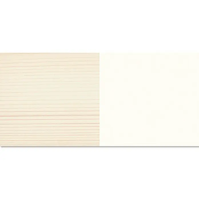 Osmo Dekorwachs Intensiv - Schneeweiß, 375 ml - Nahaufnahme einer hellen Holzoberfläche neben einer cremefarbenen Fläche, ideal für Präsentationen von Holzstrukturen und Farbkombinationen.