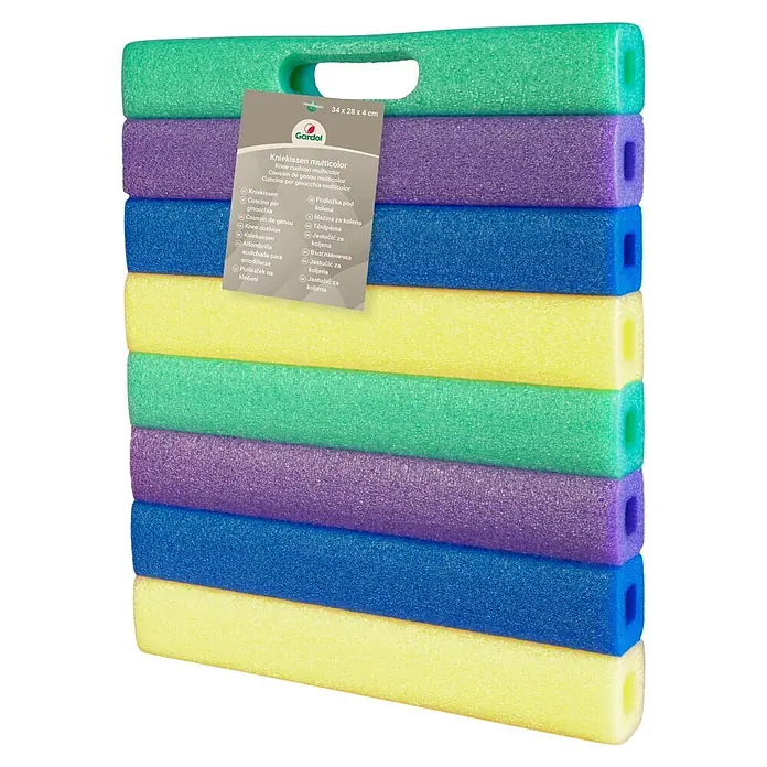 Gardol Kniekissen - 34 x 28 x 4 cm - Stapel aus acht mehrfarbigen Kniekissen aus Schaumstoff: grün, lila, blau und gelb.