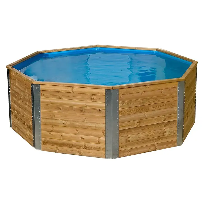 Weka Holz-Pool La Gomera - Ø x H: 310 x 116 cm, Braun, 7.500 l - Sechseckiger Aufstellpool aus Naturholz mit blauer Innenfolie, gefüllt mit Wasser.