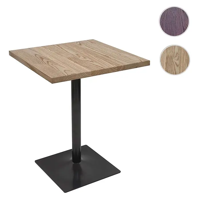 Chefgastro Gartentisch Bistrotisch - L x B x H: 60 x 60 x 76 cm, Ø x H: 60 x 76 cm, Eckig, Dunkelbraun - Quadratischer Tisch mit heller Holzplatte und schwarzem Metallfuß. Inklusive Muster für helle und dunkle Holzoberflächen.