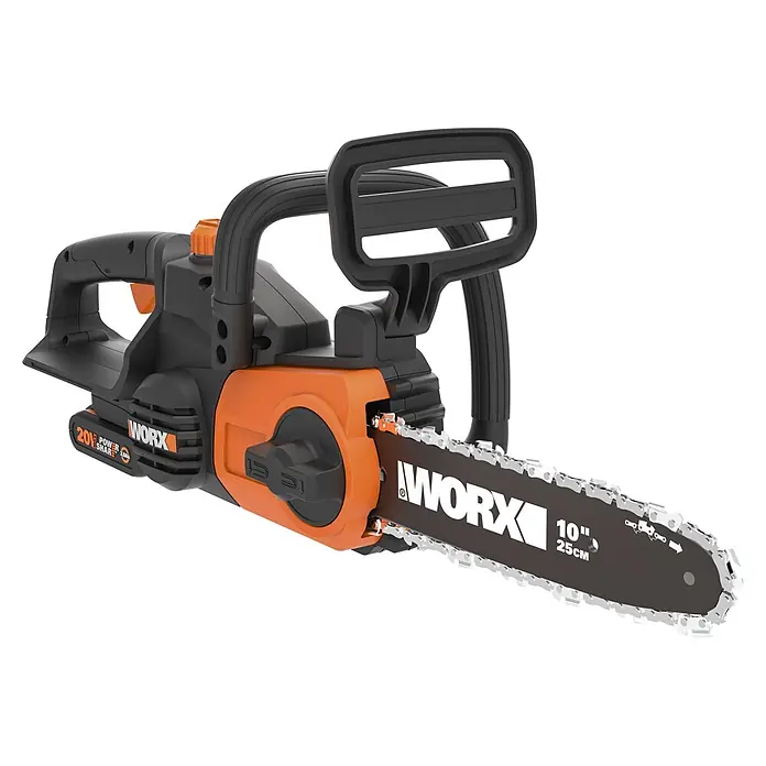 Worx PowerShare 20V Akku-Kettensäge WG322E.3 - 20 V, 4 Ah, Li-Ionen, 1 Akku, Schwertlänge: 25 cm - Schwarz-orange kabellose WORX Kettensäge mit 25 cm langem Schwert und sichtbarer Kette. Sie verfügt über einen 20V Power Share Akku.