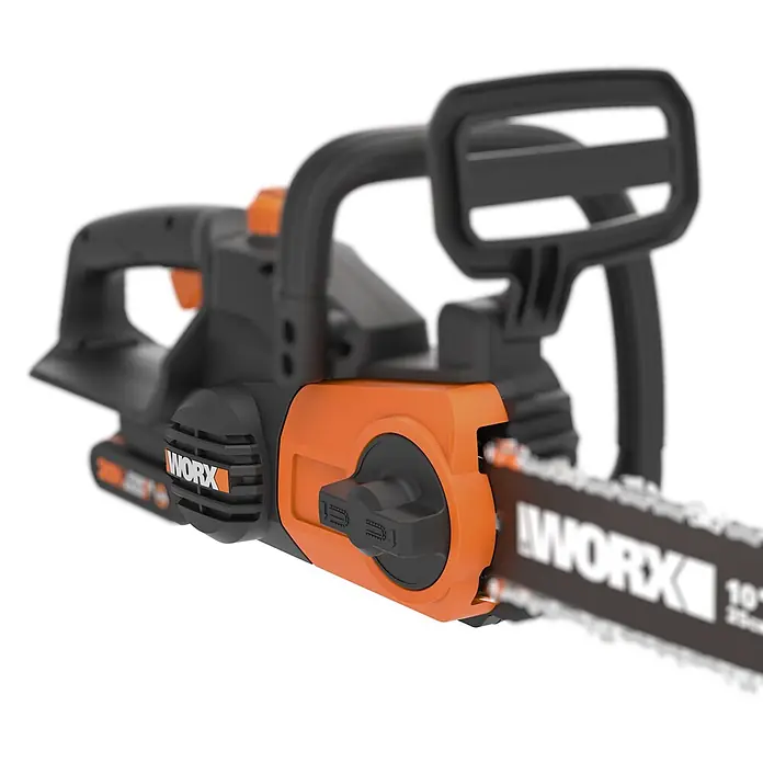 Worx PowerShare 20V Akku-Kettensäge WG322E.3 - 20 V, 4 Ah, Li-Ionen, 1 Akku, Schwertlänge: 25 cm - Schwarz-orangefarbene akkubetriebene WORX Kettensäge mit sichtbarer Kette und Schwert.