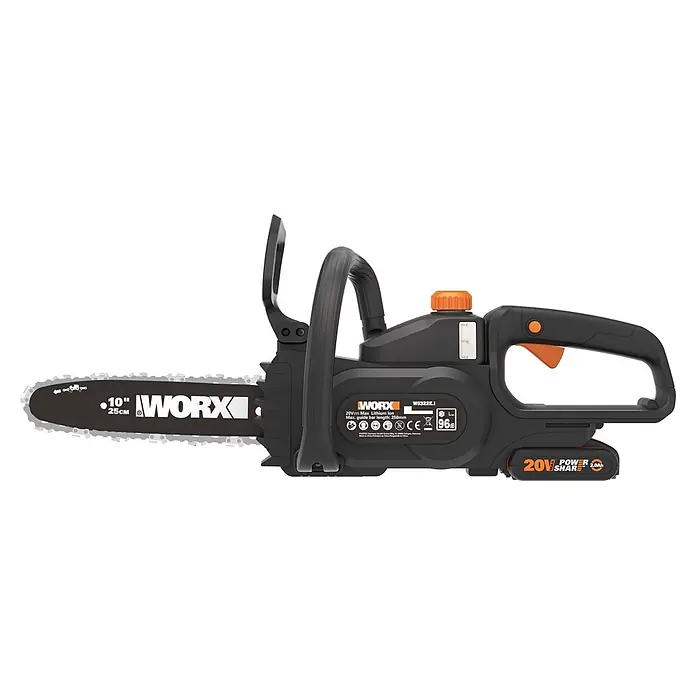 Worx PowerShare 20V Akku-Kettensäge WG322E.3 - 20 V, 4 Ah, Li-Ionen, 1 Akku, Schwertlänge: 25 cm - Worx 20V Akku-Kettensäge mit 25cm Führungsschiene in Schwarz-Orange. Inklusive 2.0Ah Akku.