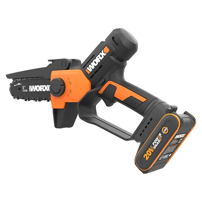 Worx PowerShare 20V Akku-Astsäge WG326E - 20 V, 2 Ah, Li-Ionen, 1 Akku, Schwertlänge: 12 cm - Schwarze und orangefarbene WORX 20V Power Share Akku-Minikettensäge mit 5-Zoll-Schwert und Kette.