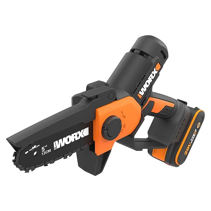 Worx PowerShare 20V Akku-Astsäge WG326E - 20 V, 2 Ah, Li-Ionen, 1 Akku, Schwertlänge: 12 cm - Schwarz-orange kabellose Mini-Kettensäge mit 5 Zoll (12 cm) Schwert und 20V Akku, Marke WORX.