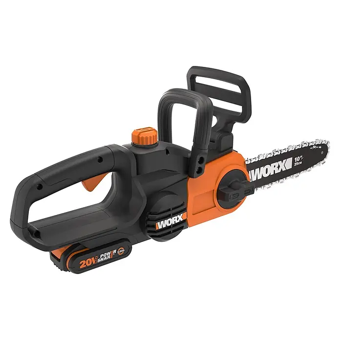 Worx PowerShare 20V Akku-Kettensäge WG322E.3 - 20 V, 4 Ah, Li-Ionen, 1 Akku, Schwertlänge: 25 cm - Eine schwarz-orange Worx Akku-Kettensäge mit 10-Zoll-Schwert und 20V Power Share Akku.