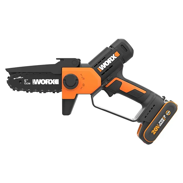 Worx PowerShare 20V Akku-Astsäge WG326E - 20 V, 2 Ah, Li-Ionen, 1 Akku, Schwertlänge: 12 cm - Schwarz-orangefarbene kabellose WORX Mini-Kettensäge mit 5-Zoll-Sägeblatt und 20V Akku.