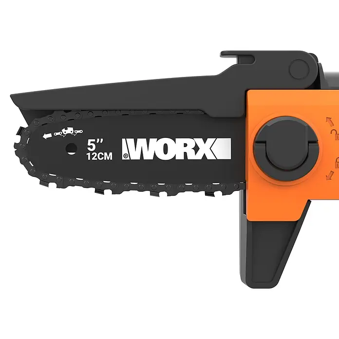 Worx PowerShare 20V Akku-Astsäge WG326E - 20 V, 2 Ah, Li-Ionen, 1 Akku, Schwertlänge: 12 cm - Nahaufnahme einer schwarz-orangen WORX Mini-Kettensäge mit 5-Zoll (12 cm) Kette und Sägeblatt.