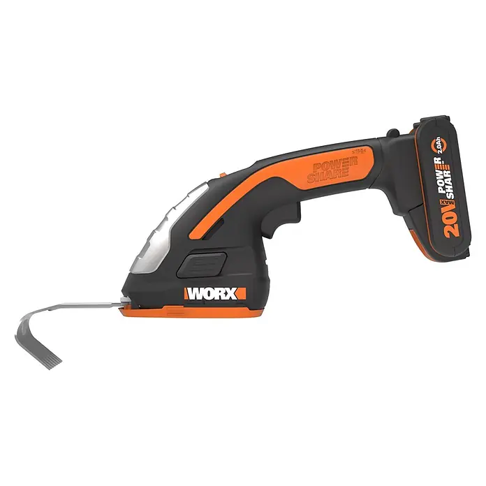 Worx PowerShare 20V Akku-Gras- & Strauchscheren-Set WG801E 3-in-1 - 20 V, 1 Akku, Max. Aststärke: 8 mm - Ein schwarz-orangefarbenes Worx Akku-Unkrautgerät mit 20V Power Share Akku und silberner Unkrautklinge.