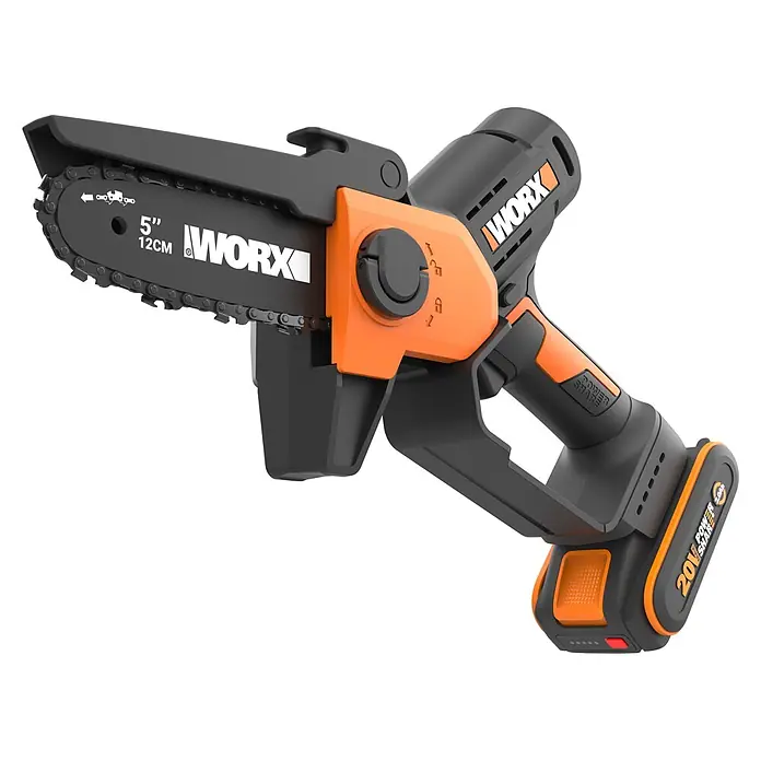 Worx PowerShare 20V Akku-Astsäge WG326E - 20 V, 2 Ah, Li-Ionen, 1 Akku, Schwertlänge: 12 cm - Schwarz-orangefarbene Akku-Mini-Kettensäge mit 12 cm Blatt und 20V Akku, mit WORX-Branding.