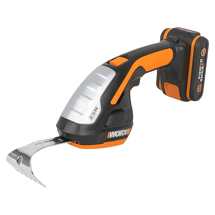 Worx PowerShare 20V Akku-Gras- & Strauchscheren-Set WG801E 3-in-1 - 20 V, 1 Akku, Max. Aststärke: 8 mm - Akku-Elektroschaber Worx Zen in Schwarz-Orange mit silbernem Griff und metallischer Schabklinge, angetrieben von einem 20V-Akku.