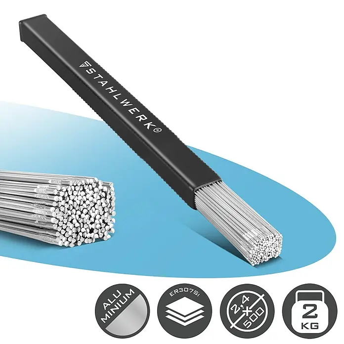 STAHLWERK WIG-Schweißstab Schweißstäbe ER4043Si5 Aluminium hochlegiert / Ø 2,4 mm x 500 mm 2 kg - Durchmesser: 2,4 mm, Aluminium - STAHLWERK 2 kg silberne Aluminium-Schweißstäbe, gebündelt, teilweise in schwarzer Hülse.