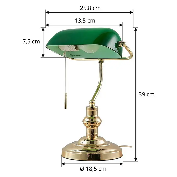 Lindby Tischleuchte Milenka - L x B x H: 22,5 x 25,8 x 39 cm, messing / gold, grün, E27 - Grüne und messingfarbene Bankerlampe mit Zugschalter, abgebildet mit Maßen.