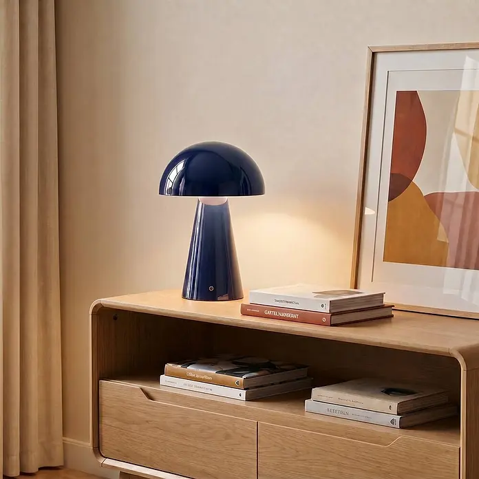 Lindby Tischleuchte Nevijo - blau, blau - Dunkelblaue Pilz-Tischlampe auf hellem Holzschrank, beleuchtet. Daneben Bücher und ein Bilderrahmen.