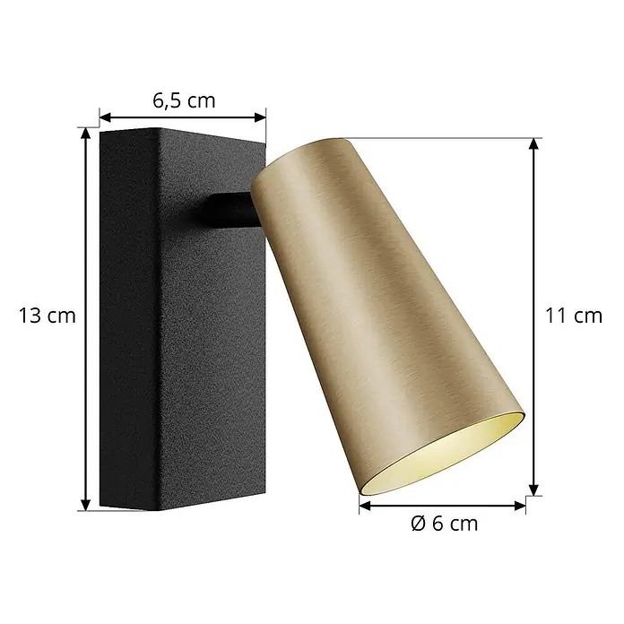 Lucande Wandstrahler Angelina - L x B x H: 16 x 6,5 x 13 cm, schwarz, messing / gold, GU10 - Schwarze Wandleuchte mit konischem Schirm aus gebürstetem Messing.