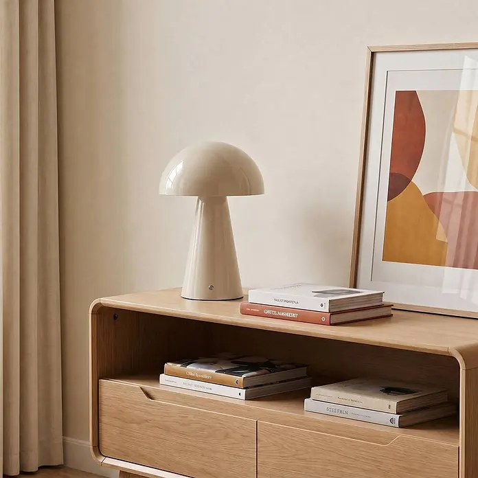 Lindby Tischleuchte Nevijo - creme / amber, creme / amber - Cremefarbene Pilztischlampe auf einem Holzsideboard, neben gestapelten Büchern.