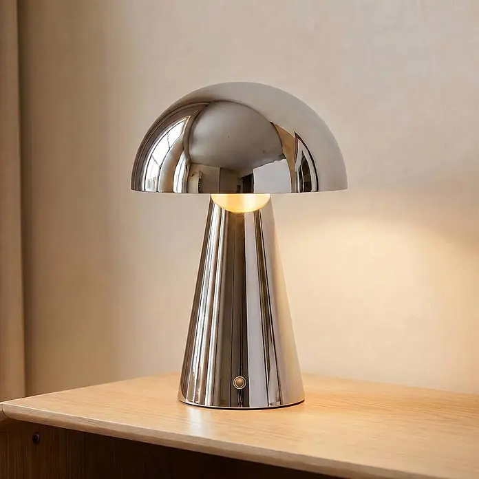 Lindby Tischleuchte Nevijo - chrom / silber, chrom / silber - Silberne Pilzlampe auf einem Holztisch, die warmes Licht ausstrahlt.