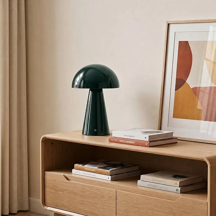 Lindby Tischleuchte Nevijo - grün, grün - Dunkelgrüne, pilzförmige Tischleuchte auf einem Holzsideboard.