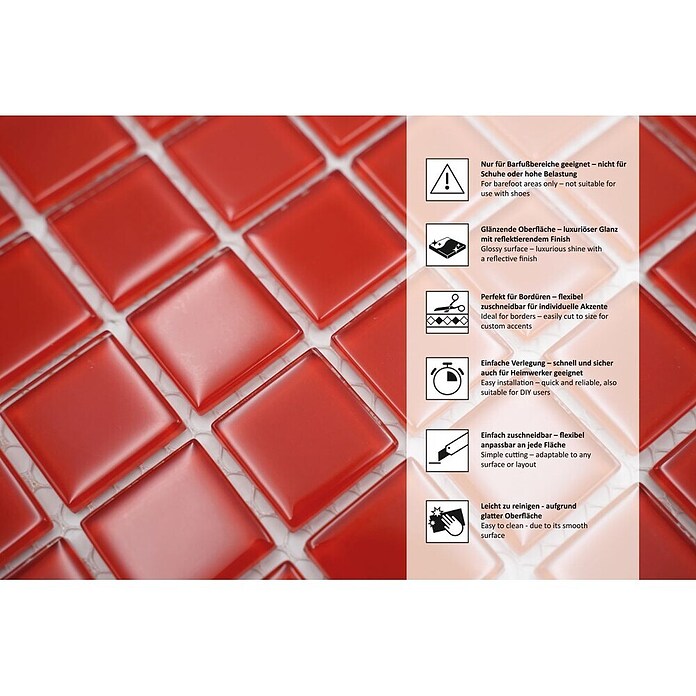 Mosaikfliese Quadrat Crystal Uni CM 4060 (32,7 x 30,2 cm, Rot, Glänzend)