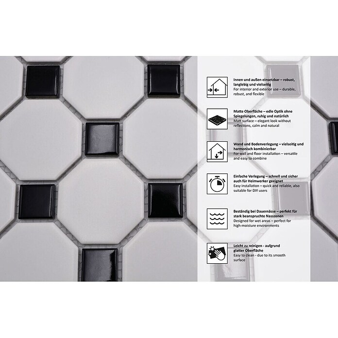 Mosaikfliese Octagon OCTA G468 (29,5 x 29,5 cm, Weiß/Schwarz, Matt)
