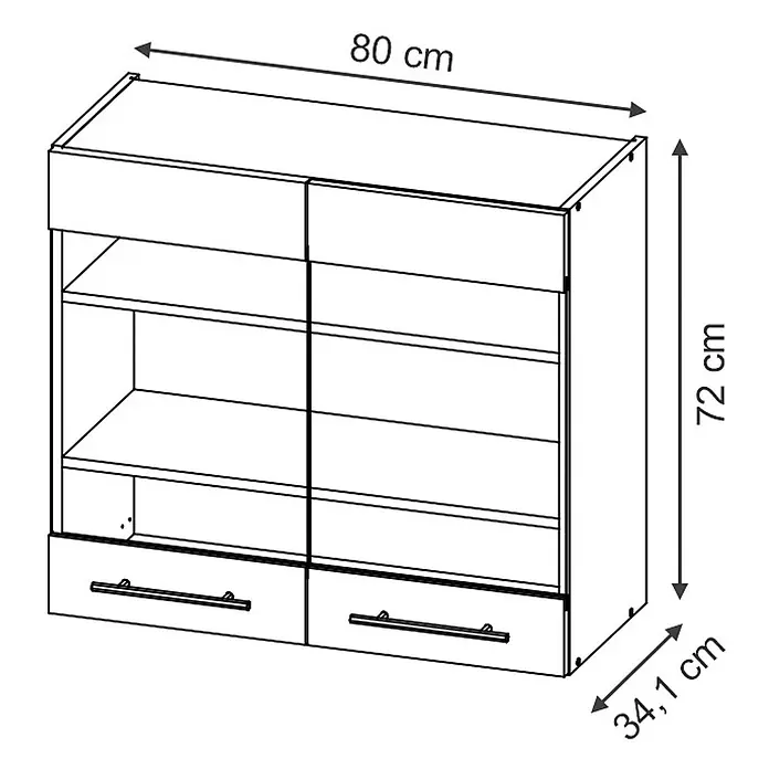 Vicco Schrankküche Fame-Line Weiß Landhaus - Weiß Landhaus, Hängeglasschrank 80 cm - Ein Schrank mit zwei offenen Fächern, zwei unteren Schubladen und den Maßen 80x72x34,1 cm.