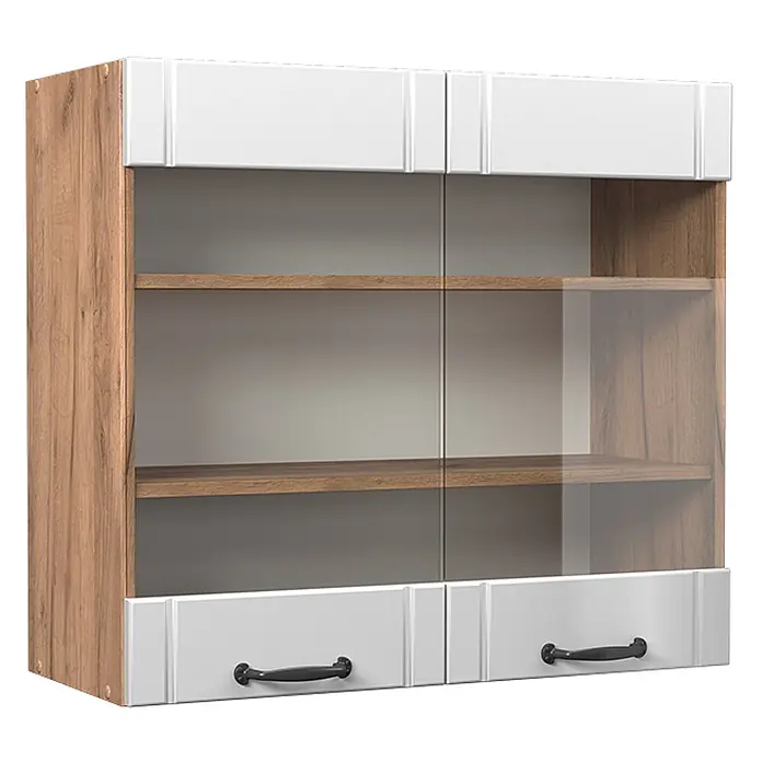 Vicco Schrankküche Fame-Line Weiß Landhaus - Weiß Landhaus, Hängeglasschrank 80 cm - Wandschrank mit Holzoptik-Seiten und -Einlegeböden, weißen Ober- und Unterpaneelen, Glasvitrinentüren und schwarzen Griffen.