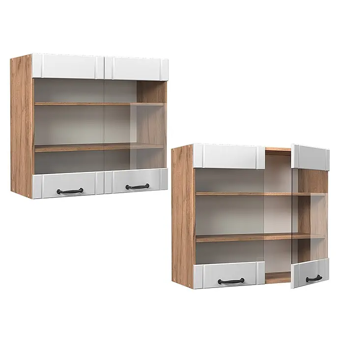 Vicco Schrankküche Fame-Line Weiß Landhaus - Weiß Landhaus, Hängeglasschrank 80 cm - Wandhängeschrank aus Holz und Weiß mit Glastüren, Schubladen, Regalböden und schwarzen Griffen, teilweise geöffnet.