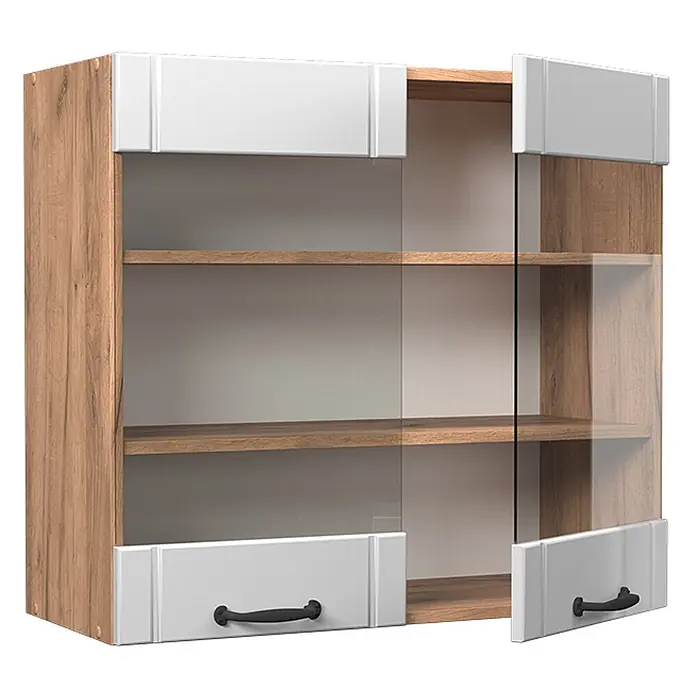 Vicco Schrankküche Fame-Line Weiß Landhaus - Weiß Landhaus, Hängeglasschrank 80 cm - Wandschrank mit Holzoptik-Rahmen, weißen Paneelen und klaren Glastüren mit schwarzen Griffen, Innenfächer sichtbar.