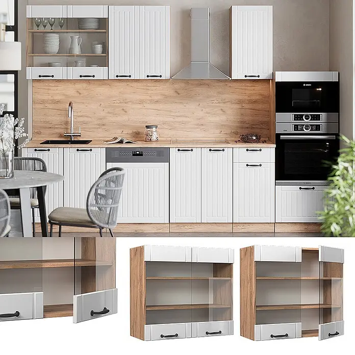 Vicco Schrankküche Fame-Line Weiß Landhaus - Weiß Landhaus, Hängeglasschrank 80 cm - Moderne weiße Küchenschränke mit Holzelementen, schwarzen Griffen, integrierten Geräten und einem Wandschrank mit Glasfront.
