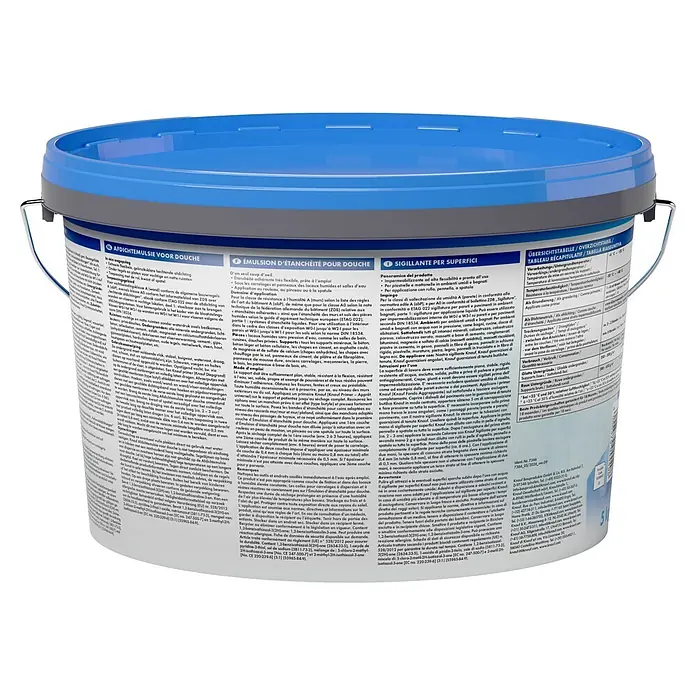 Knauf Flächendicht - 5 kg - Weißer Eimer mit blauem Deckel, der Abdichtungsemulsion enthält.