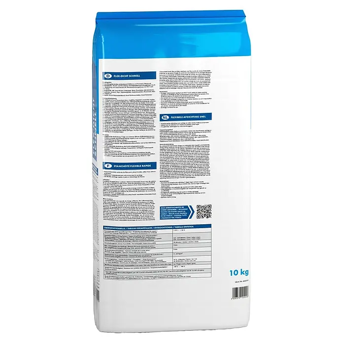 Knauf Flex-Dichtschlämme Schnell - 10 kg - Ein 10 kg Sack weißer, flexibler Dichtungsmasse mit blauem Oberteil.