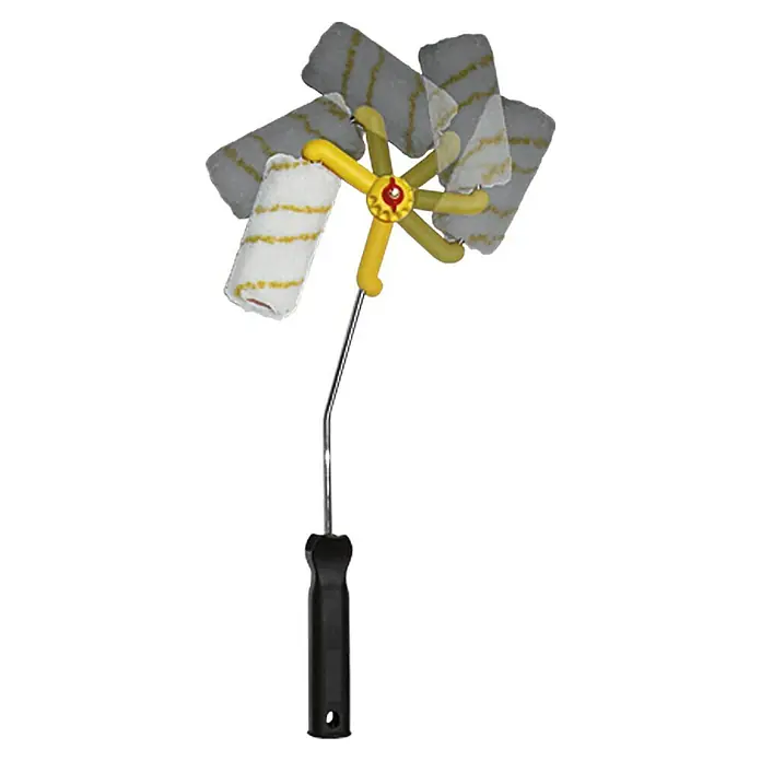 Lehnartz Farbroller Flexi - 11 cm, Stufenlos verstellbar - Bild einer Mehrfach-Ecken Farbwalze mit schwarzem Griff und gelbem Kopf.