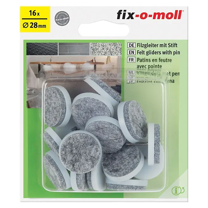 Fix-o-moll Plastik-Gleiter - Durchmesser: 28 mm, Weiß - 16 runde graue Filzgleiter mit Stift, Ø 28mm, in transparenter Verpackung.