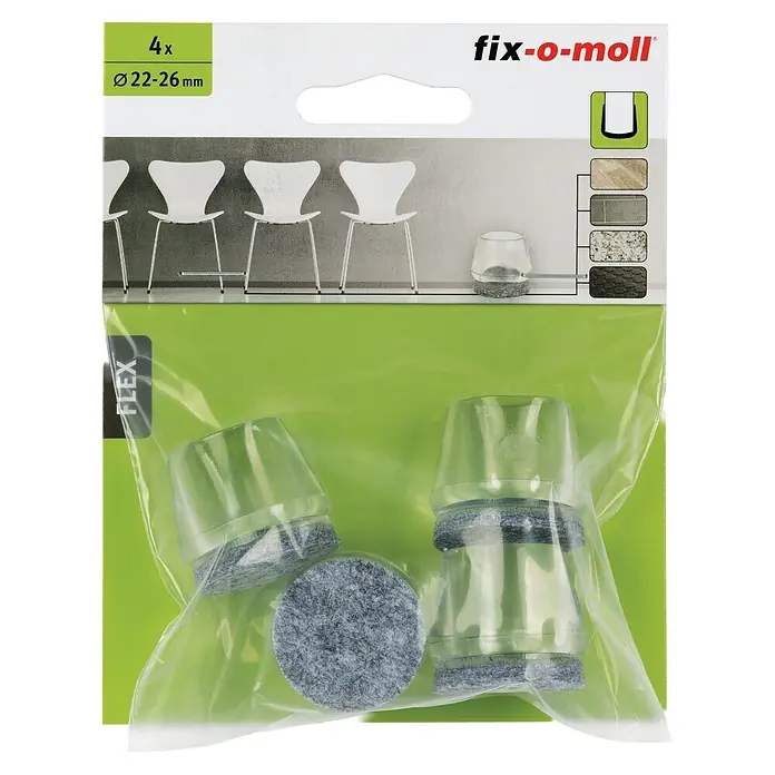 Fix-o-moll Rohrkappen - Durchmesser: 22 mm, Kunststoff - Vier transparente Stuhlkappen mit grauen Filzgleitern für Stuhlbeine Ø 22-26mm.