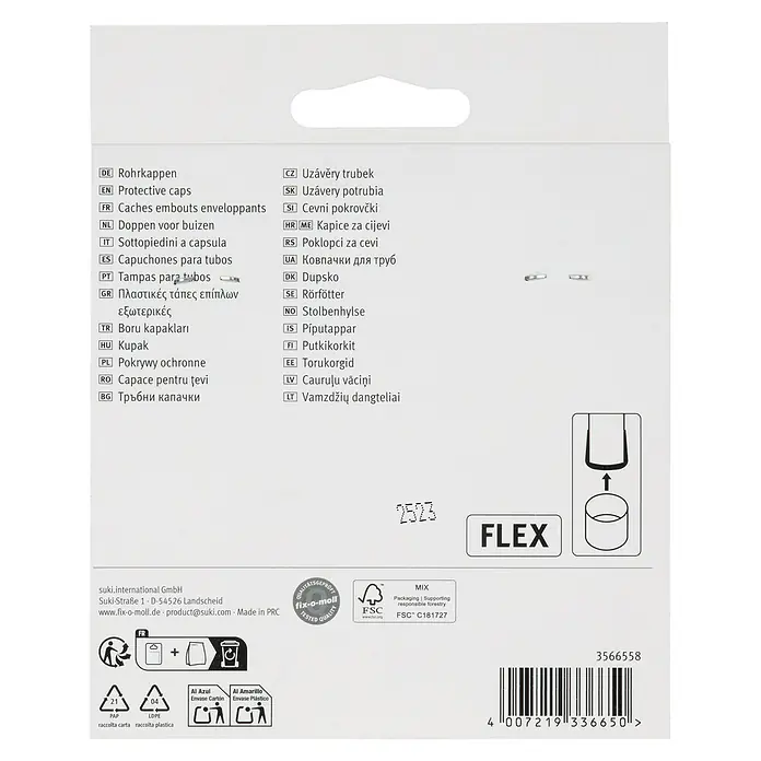 Fix-o-moll Rohrkappen - Durchmesser: 22 mm, Kunststoff - Weiße und graue Kartonverpackung für Schutzkappen, mit mehrsprachigen Produktdetails und Markenlogos.