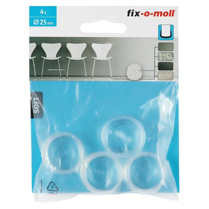 Fix-o-moll Rohrkappen - Durchmesser: 25 mm - Fix-o-moll Packung mit 4 transparenten, weichen, runden 25mm Möbelgleitern für Bodenschutz.