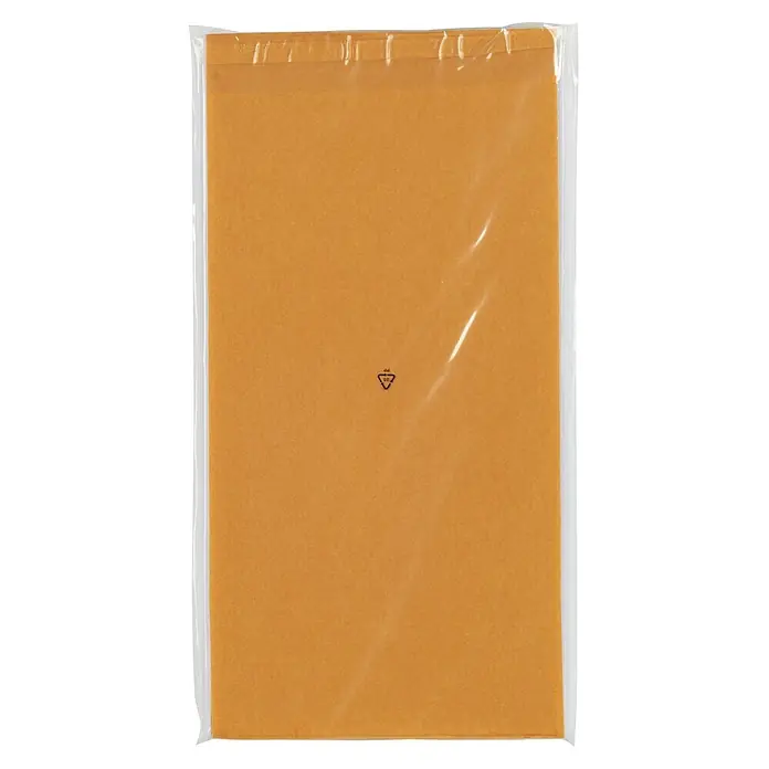 Fix-o-moll Filzgleiter - B x H: 100 x 200 mm, Kleben, 5 Stk., Weiß - Stapel brauner Papierblätter in klarer Plastikverpackung, mit "PP 05" Recyclingsymbol.