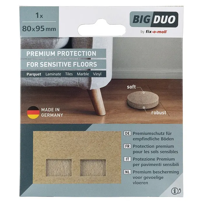 Fix-o-moll Filzgleiter - B x H: 80 x 95 mm, Kleben, 1 -tlg., Weiß - Verpackung für fix-o-moll BIG DUO Premium-Filzbodenschoner (80x95mm), zeigt weiche und robuste beige Filzgleiter für empfindliche Böden.