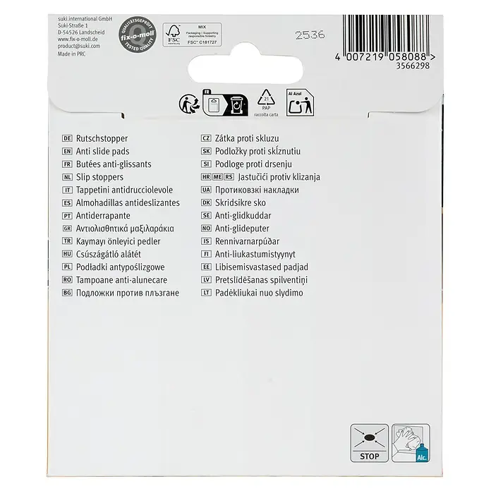 Fix-o-moll Teppichgleiter - Durchmesser: 15 mm, 25 Stk. - Rückseite einer weißen Produktverpackung für Antirutschpads, mit mehrsprachigen Beschreibungen, Firmeninfos, FSC-Logo und Recyclingsymbolen.