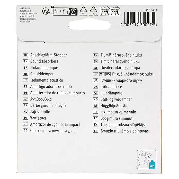 Fix-o-moll Kantenstoßschutz - 36 Stk. - Verpackung für Schallschutzdämpfer mit mehrsprachigen Informationen, Recyclingsymbolen und einem Reinigungshinweis-Symbol.