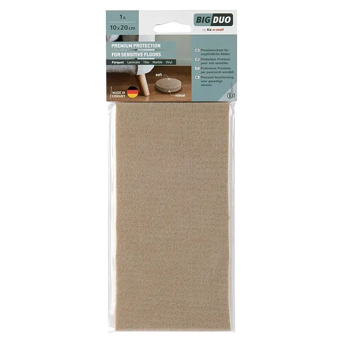 Fix-o-moll Filzgleiter - B x H: 100 x 200 mm, Kleben, 1 -tlg., Weiß - Rechteckige beigefarbene Filzgleiter-Platte (10x20cm) in Verpackung, zum Premiumschutz empfindlicher Böden wie Parkett, Laminat, Fliesen, Marmor, Vinyl.