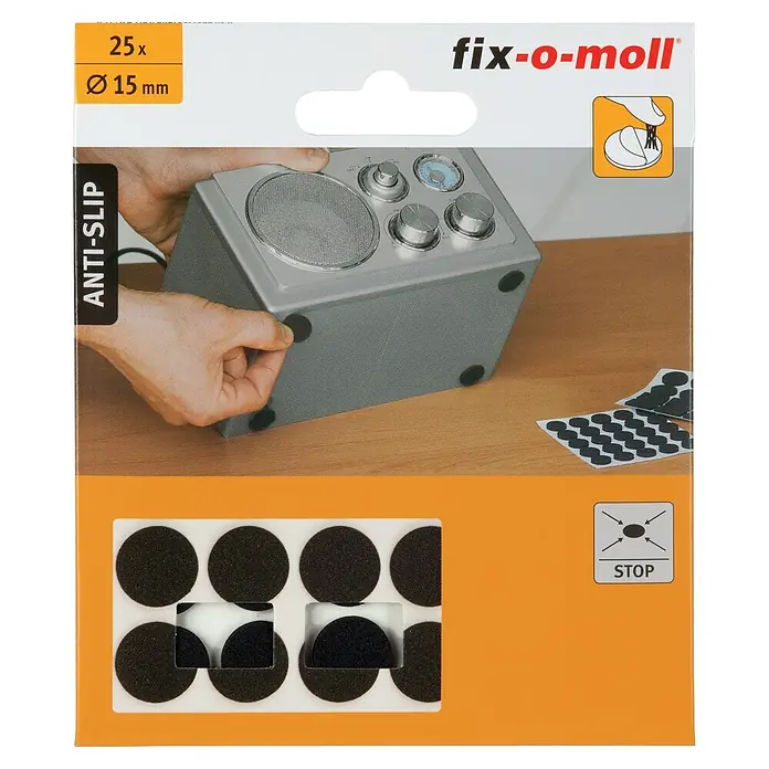 Fix-o-moll Teppichgleiter - Durchmesser: 15 mm, 25 Stk. - Schwarze, runde Filz-Antirutschpads (25x, Ø 15mm) an einem Radio befestigt.