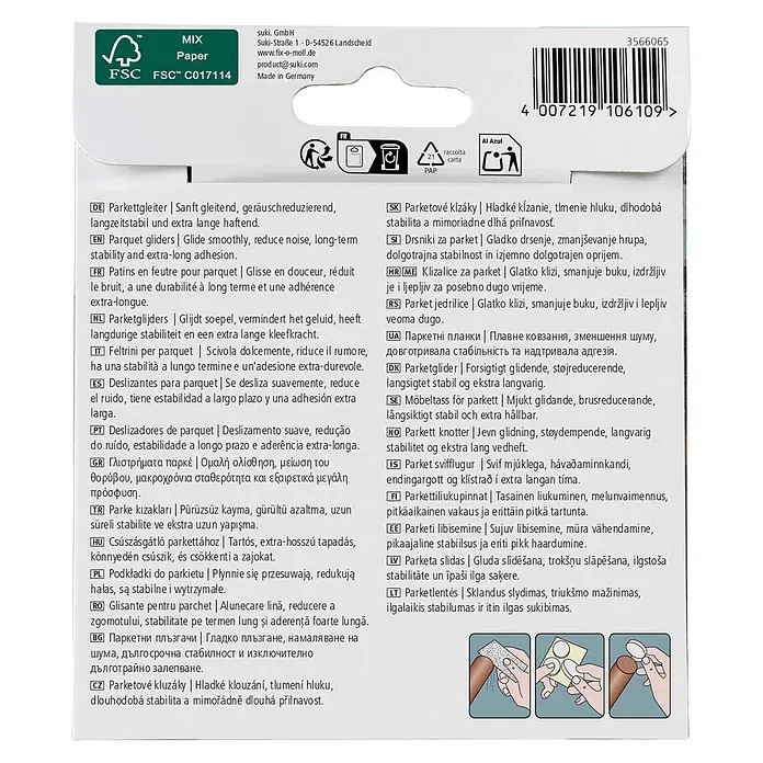 Fix-o-moll Filzgleiter - B x H: 80 x 95 mm, Kleben, 1 -tlg., Weiß - Produktverpackung für Parkettgleiter mit mehrsprachigen Beschreibungen und Anwendungsillustrationen.