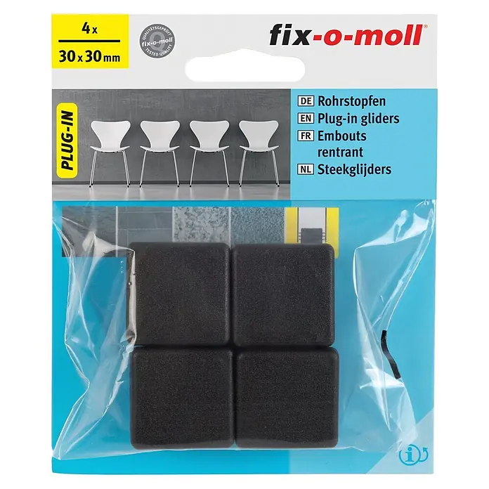Fix-o-moll Rohrkappen - L x B: 30 x 30 mm - Vier schwarze, quadratische Einschlagstopfen, 30x30mm, für Möbelrohre oder Rohrenden.