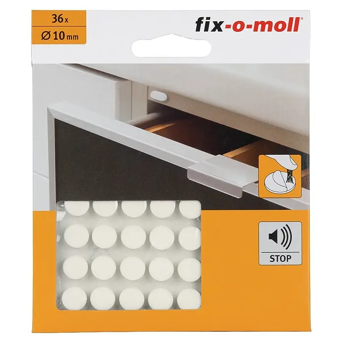 Fix-o-moll Kantenstoßschutz - 36 Stk. - Packung mit 36 weißen runden Ø 10 mm selbstklebenden Möbelpuffern zur Geräuschdämmung und zum Schutz von Oberflächen.