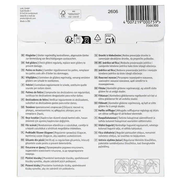Fix-o-moll Filzgleiter - Durchmesser: 17 mm, Kleben, 20 Stk., Weiß - Weiße Verpackung für Filzgleiter, mit mehrsprachigen Anweisungen zur Prüfung und zum Austausch.